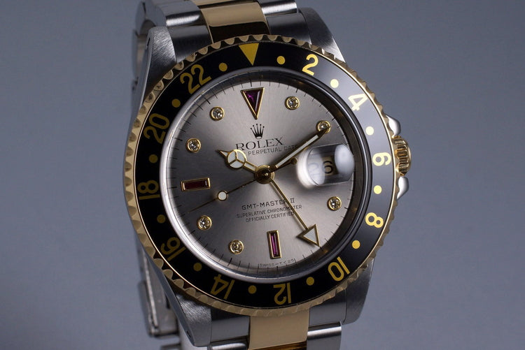 2000 Rolex Two Tone GMT II 16713 with Silver Serti Dial