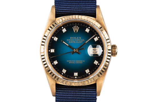 1983 Rolex 18K YG DateJust 16018 with Blue Vignette Diamond Dial