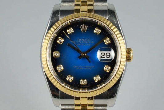 2004 Rolex Two Tone DateJust 116233 Factory Blue Vignette Diamond Dial with Box and Papers