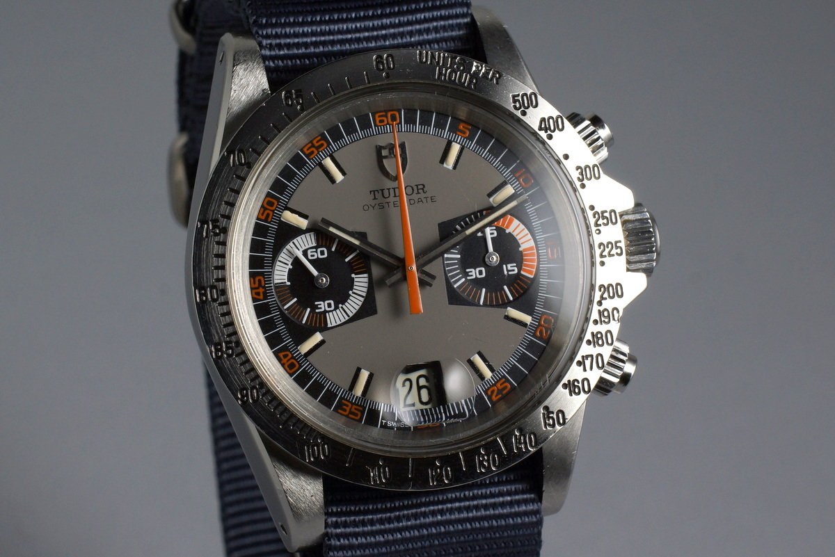 Tudor 7159/0 — Black and Grey Dial. · Photo: HQ Milton · © HQ Milton, used with permission · Source: https://hqmilton.com/products/1975-tudor-monte-carlo-7159-0-gray-dial