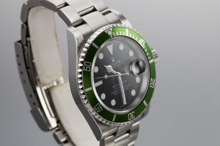 2006 Rolex Anniversary Green Submariner 16610LV with Box and Lime Green Bezel