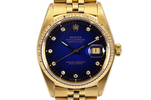 1982 Rolex YG Datejust 16018 Factory Diamond Blue Vignette Dial