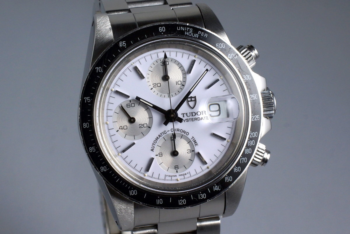 Tudor 79160, White Dial, Silver Counters. Photo: HQ Milton. · Photo: HQ Milton · © HQ Milton, used with permission · Source: https://hqmilton.com/products/1994-tudor-chronograph-big-block-79160-white-enamel-dial