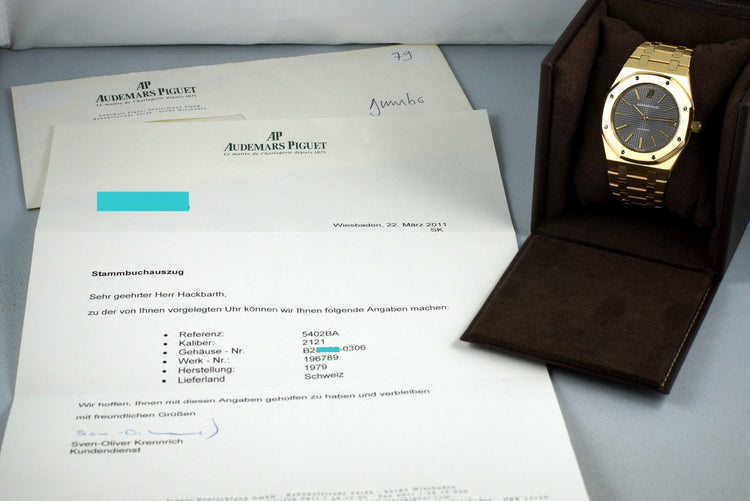 Late 1970’s YG Audemars Piguet 5402BA with Box and Service Papers
