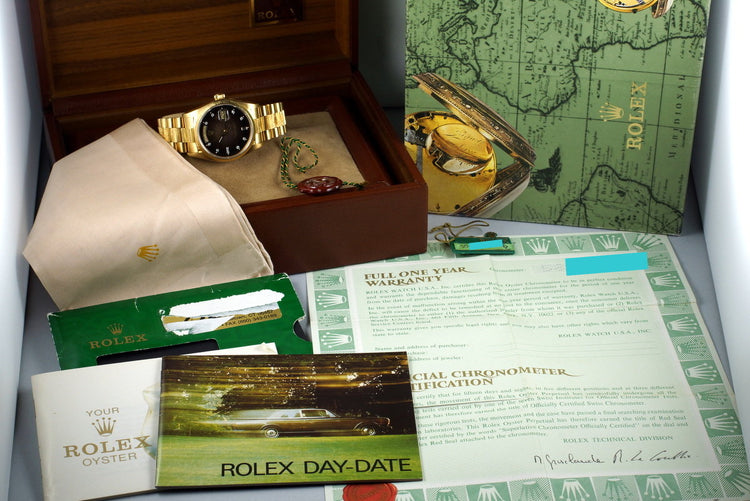1979 Rolex YG Bark Day Date 18078 Factory Diamond Vignette Dial with Box and Papers