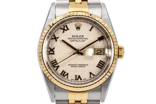 2003 Rolex Two Tone DateJust 16233 Cream Roman Pyramid Dial