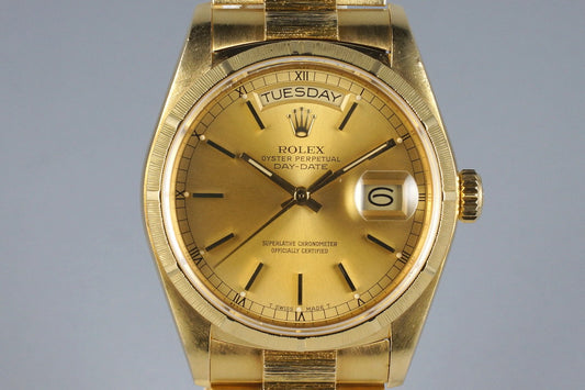 1985 Rolex YG Bark Day Date 18078 Champagne Dial with Box and Papers