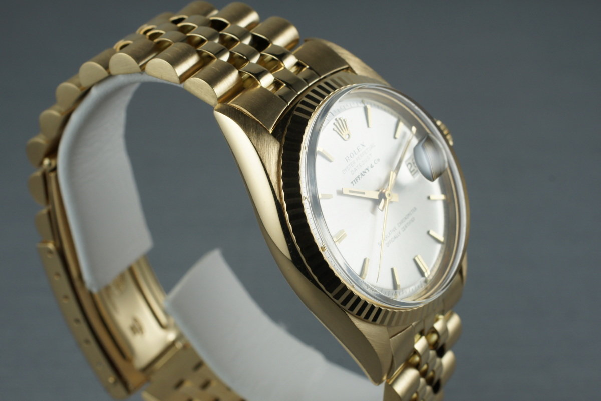 Rolex 1601 — Yellow Gold, Silver Tiffany & Co. Dial. Photographed dealer specimen. Tiffany signature is attributed by the dealer; no papers supplied. Documented example: 1966. Production span has not been established. · Photo: HQ Milton · © HQ Milton, used with permission · Source: https://hqmilton.com/products/1966-rolex-18k-datejust-1601-with-tiffany-co-dial