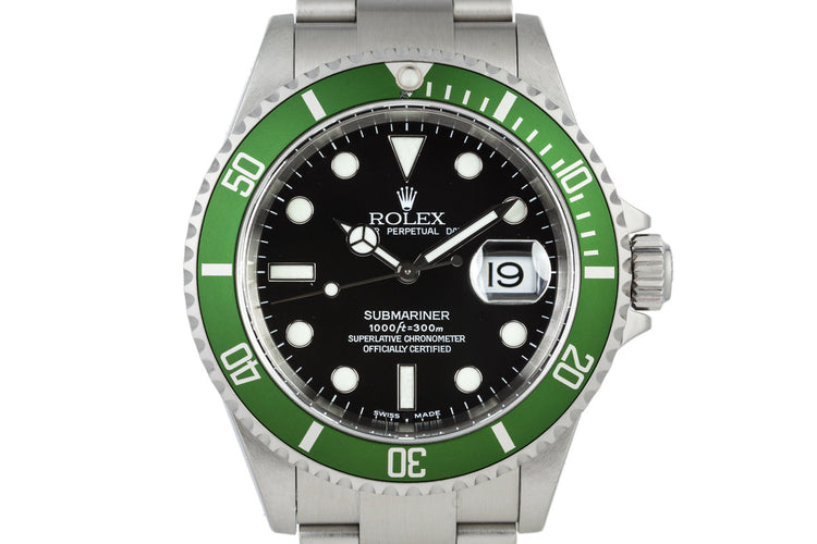 2003 Rolex Green Submariner 16610LV Mark 1 dial and Flat 4 Bezel with Box and Papers
