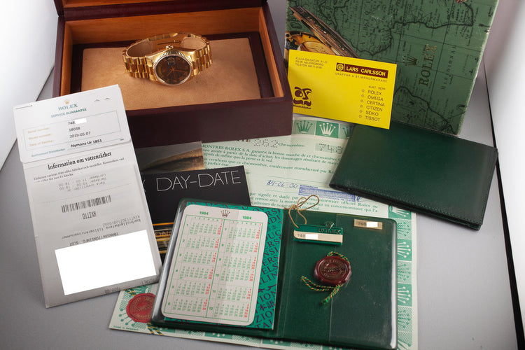 1983 Rolex 18K YG Day-Date 18038 Dial Ferrite with Box, Papers, and Service Papers