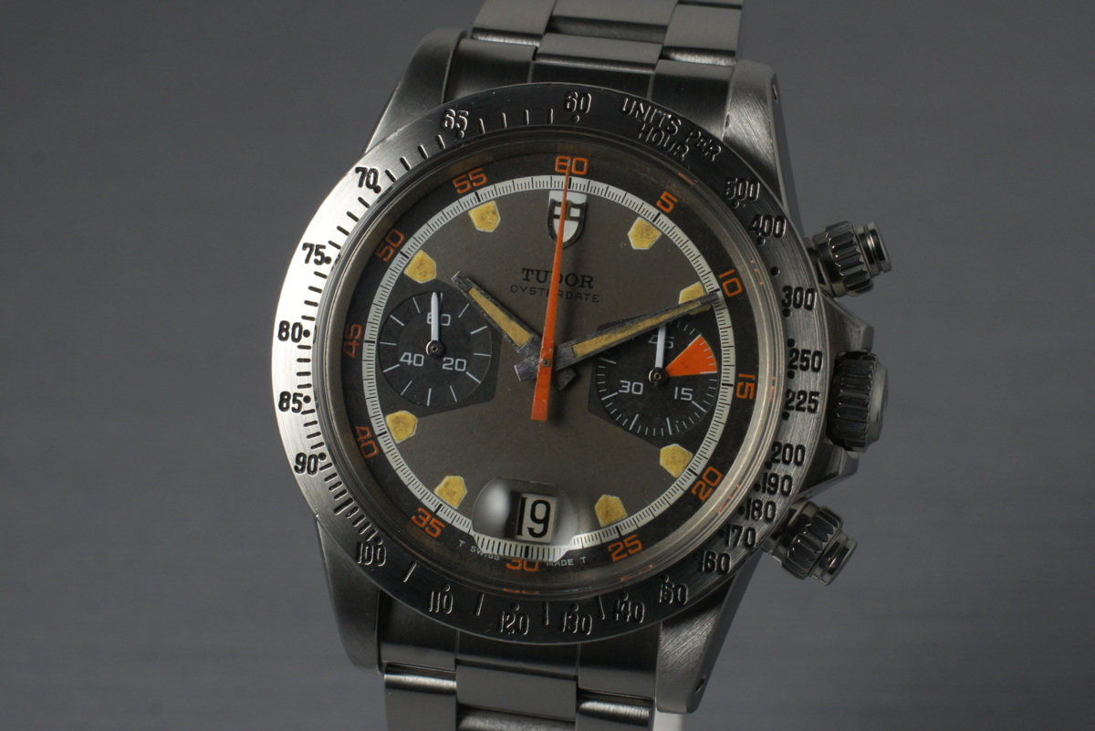 Tudor 7032/0 — Tropical Home Plate Dial. The photographed specimen has an older relume disclosed by the dealer. · Photo: HQ Milton · © HQ Milton, used with permission · Source: https://hqmilton.com/products/1970-tudor-monte-carlo-7032-0-tropical-home-plate-dial