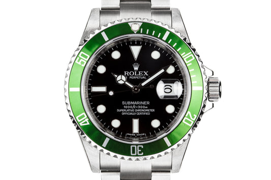 Mint with Stickers 2007 Rolex Anniversary Green Submariner 16610V with Box and Papers