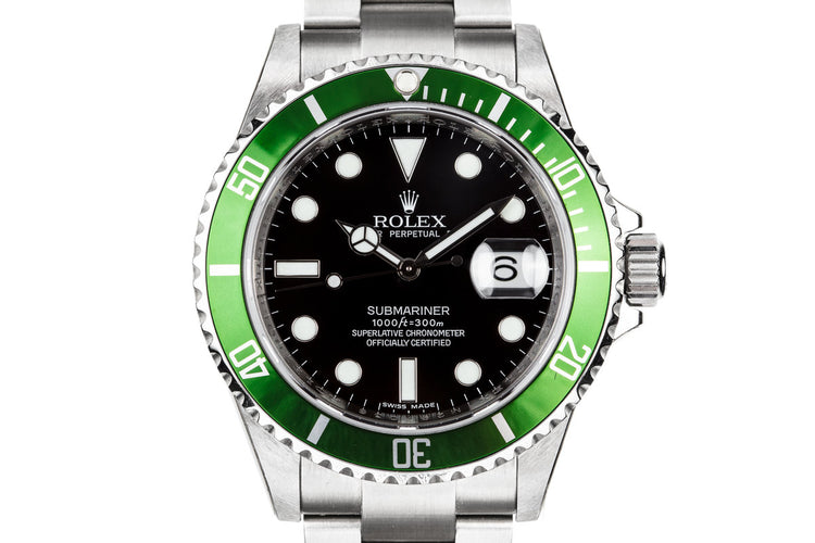 Mint with Stickers 2007 Rolex Anniversary Green Submariner 16610V with Box and Papers