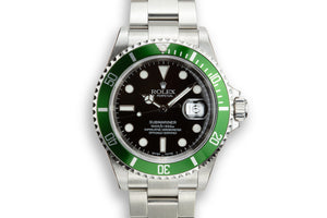 Mint 2003 Rolex Anniversary Green Submariner 16610LV with Box and Papers,Flat 4 Bezel, and Protective Stickers