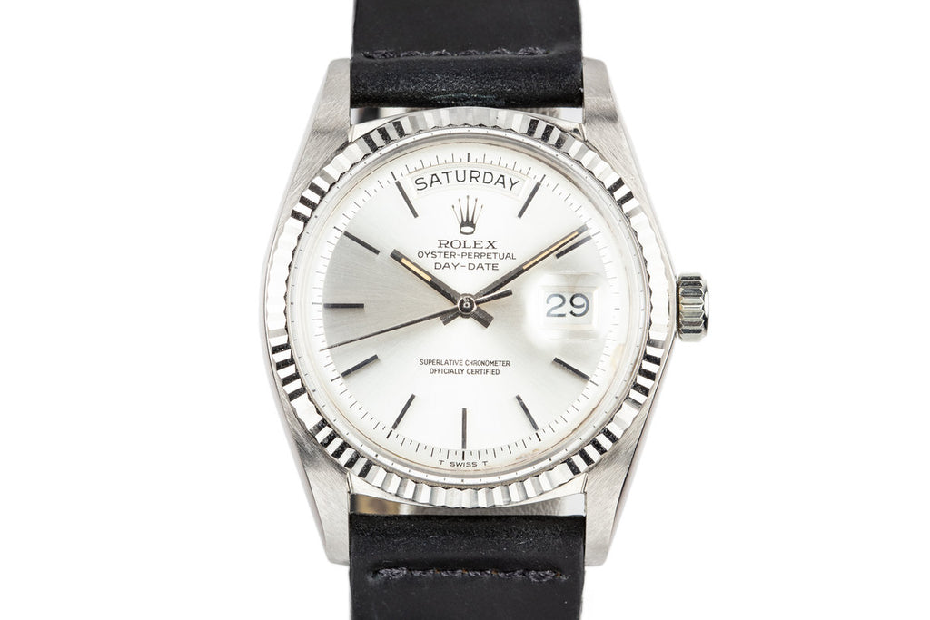 1972 Rolex 18K White Gold Day-Date 1803 with No Lume Silver Dial