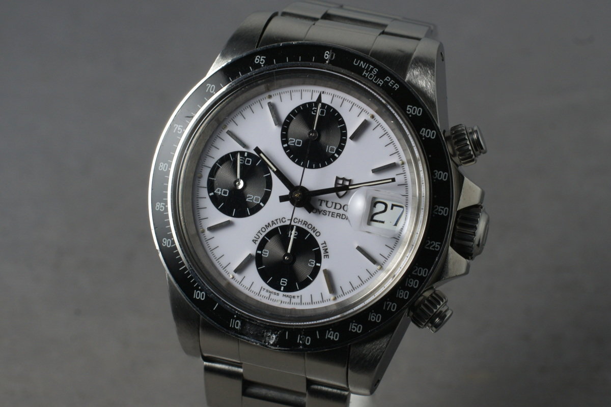 Tudor 79160, White Dial, Black Counters. Photo: HQ Milton. · Photo: HQ Milton · © HQ Milton, used with permission · Source: https://hqmilton.com/products/1993-tudor-chronograph-big-block-79160-with-box-and-service-papers