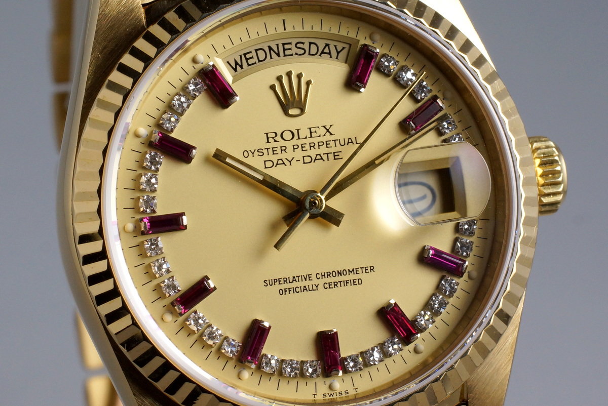 HQ Milton - 1986 Rolex YG Day Date 18038 Factory Diamond and Ruby