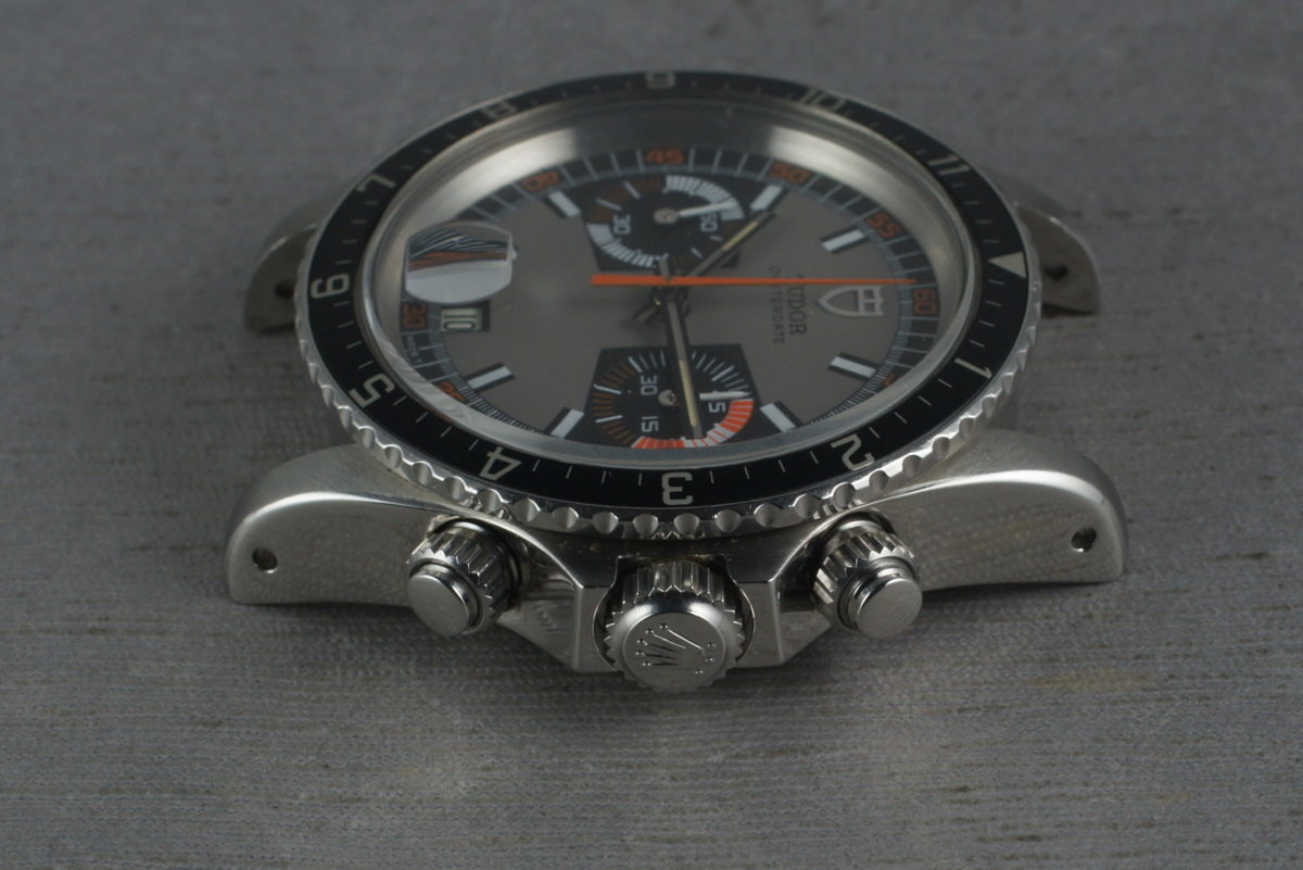 Tudor 7169/0 — Black and Grey Dial. The dealer discloses that lume was removed from this specimen’s markers. · Photo: HQ Milton · © HQ Milton, used with permission · Source: https://hqmilton.com/products/1975-tudor-monte-carlo-7169-0