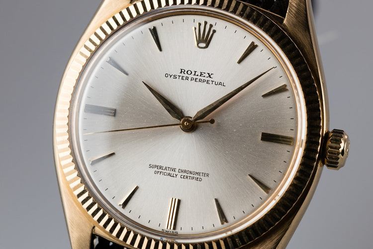 1959 Rolex 18K YG Oyster Perpetual 1013 with SWISS Only Silver Non-Luminous Dial