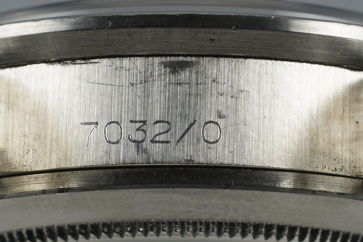 Tudor 7032/0 — Tropical Home Plate Dial. The photographed specimen has an older relume disclosed by the dealer. · Photo: HQ Milton · © HQ Milton, used with permission · Source: https://hqmilton.com/products/1970-tudor-monte-carlo-7032-0-tropical-home-plate-dial