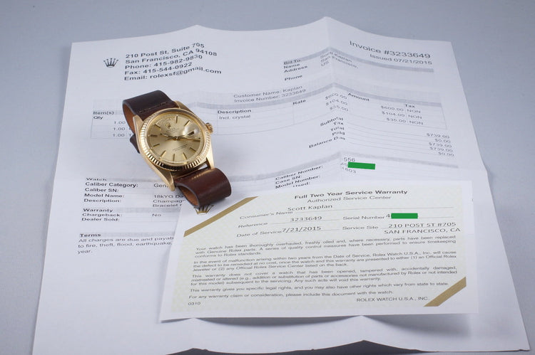 1975 Rolex YG Day-Date 1803 with RSC Service Papers