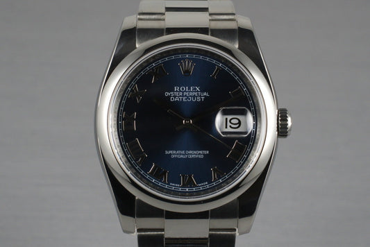 2007 Rolex Datejust 116200 Blue Roman Dial with Box and Papers