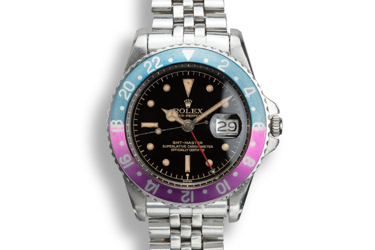 1961 Rolex Pointed Crown Guard GMT-Master 1675 Fuchsia with Gilt Chapter Ring Exclamation Dial