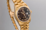 1986 Rolex 18K YG Bark Day-Date 18078 Black Pyramid Dial with Service Papers