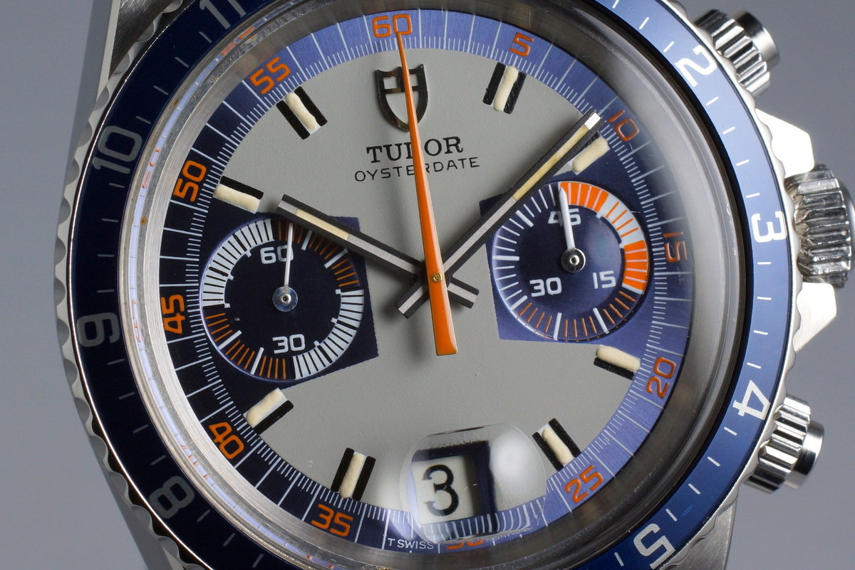 Tudor 7169/0 — Blue and Grey Dial. · Photo: HQ Milton · © HQ Milton, used with permission · Source: https://hqmilton.com/products/1974-tudor-monte-carlo-7169-0