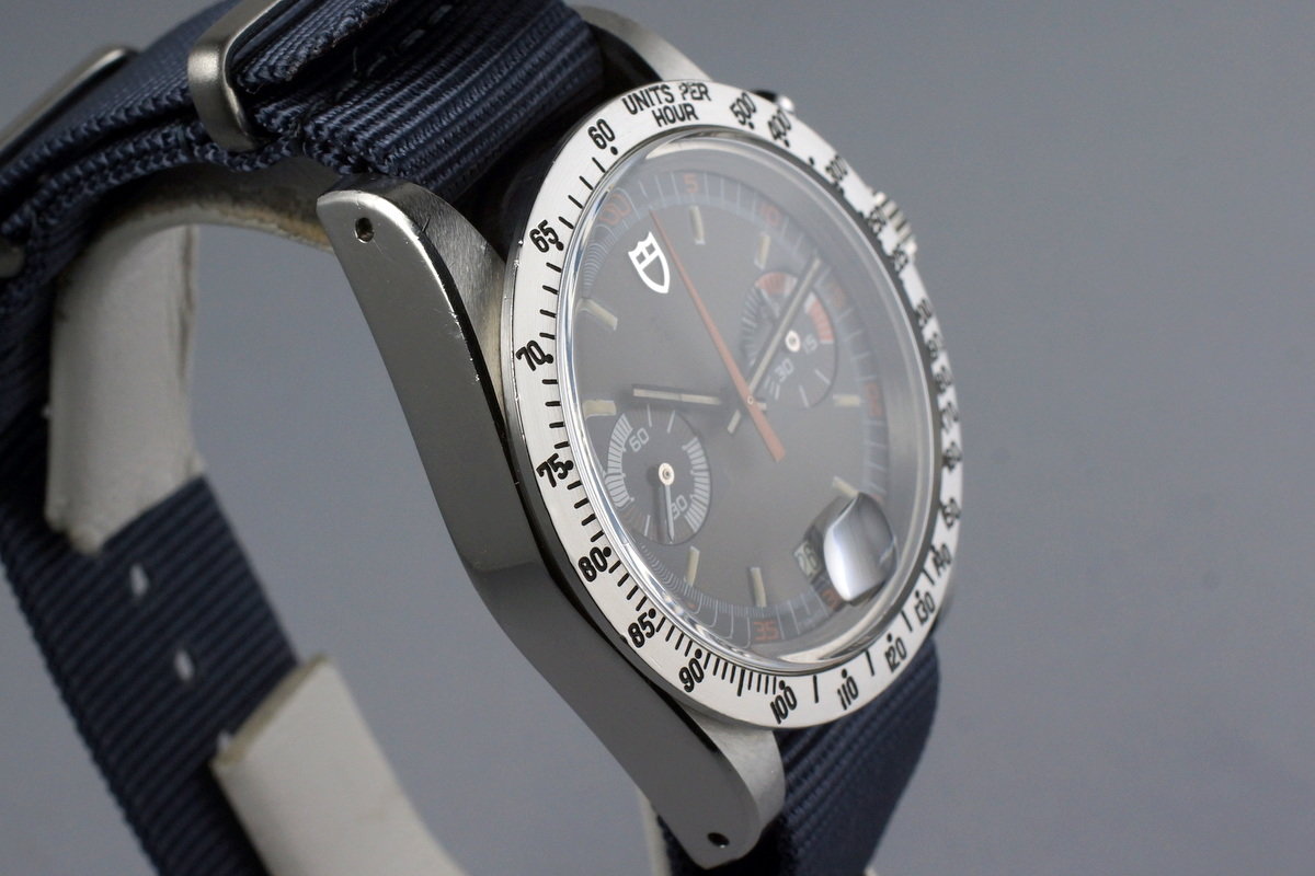 Tudor 7159/0 — Black and Grey Dial. · Photo: HQ Milton · © HQ Milton, used with permission · Source: https://hqmilton.com/products/1975-tudor-monte-carlo-7159-0-gray-dial