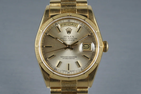 1987 Rolex 18K Bark Day-Date 18078 Silver Dial