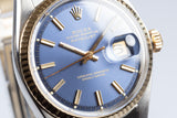 1973 18K/ST DateJust 1601 Blue Dial with Service Papers