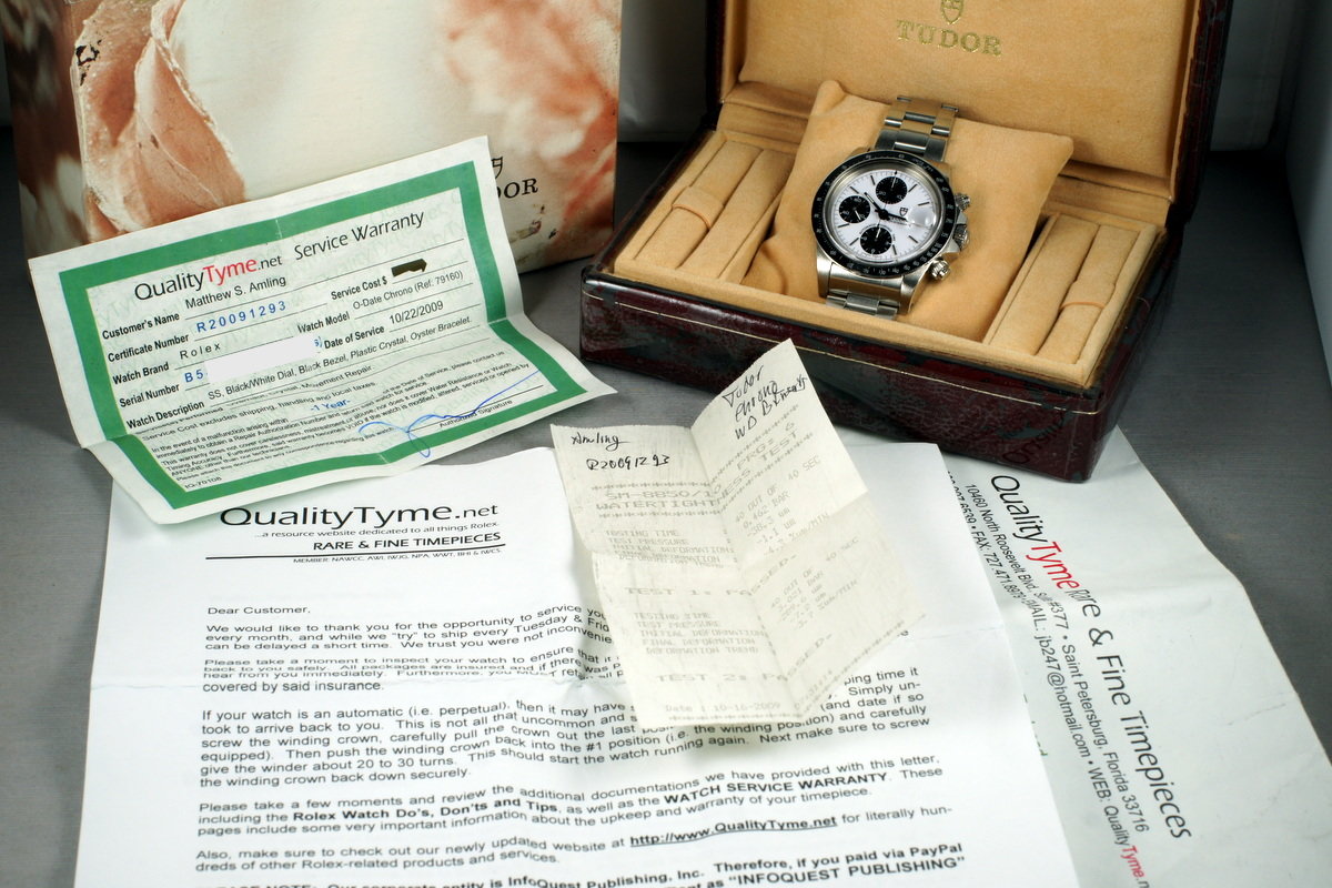 Tudor 79160, White Dial, Black Counters. Photo: HQ Milton. · Photo: HQ Milton · © HQ Milton, used with permission · Source: https://hqmilton.com/products/1993-tudor-chronograph-big-block-79160-with-box-and-service-papers
