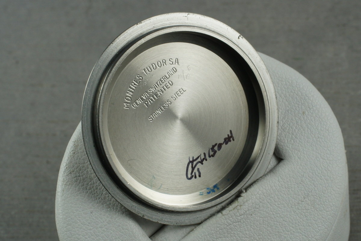 Tudor 7169/0 — Black and Grey Dial. The dealer discloses that lume was removed from this specimen’s markers. · Photo: HQ Milton · © HQ Milton, used with permission · Source: https://hqmilton.com/products/1975-tudor-monte-carlo-7169-0