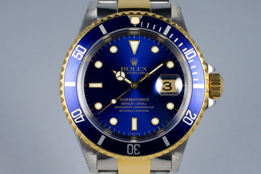 1999 Rolex Two Tone Blue Submariner 16613 with Box and Papers