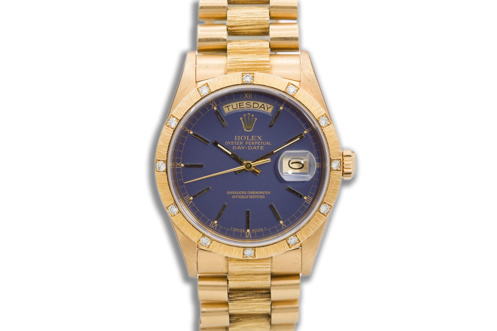 1985 18k Rolex Day Date 18108 Blue Dial with 12 Diamond Bark Bezel