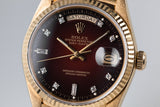 1986 Rolex YG Day Date 18038 Factory Diamond Red Vignette Dial with Box and Papers
