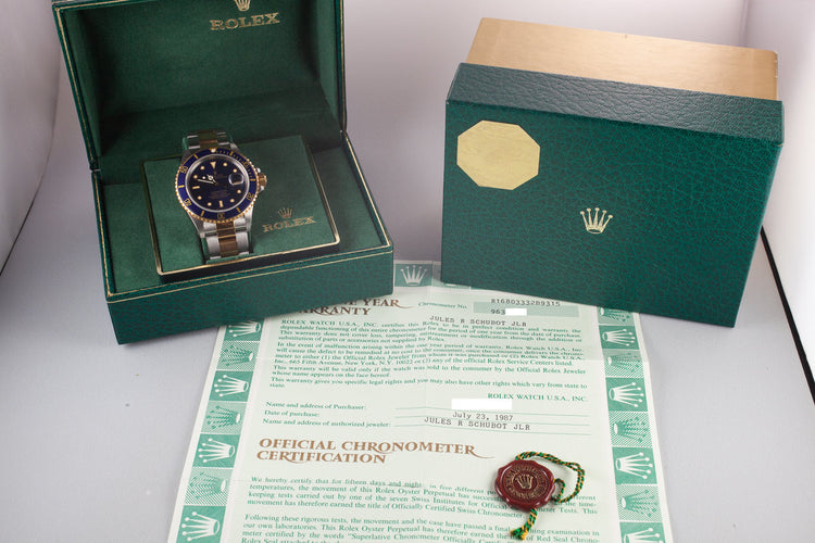 1987 Rolex Two-Tone Submariner 16803 Blue Dial with Box and Papers
