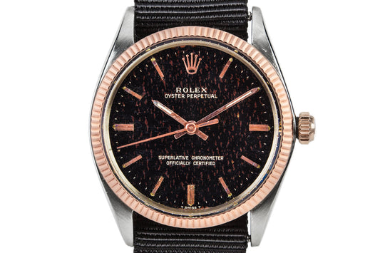1964 Rolex Rose Gold and Stainless Steel Oyster Perpetual 1005 Black Gilt Dial