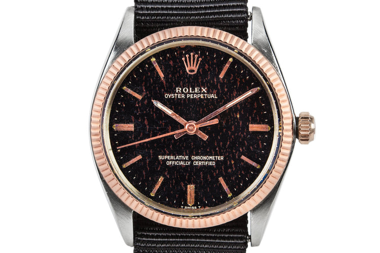 1964 Rolex Rose Gold and Stainless Steel Oyster Perpetual 1005 Black Gilt Dial