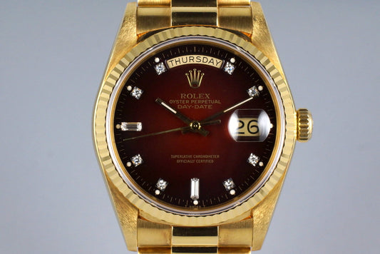 1982 Rolex YG Day Date 18038 Factory Diamond Vignette Dial with Box and Papers