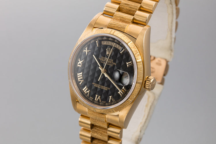 1986 Rolex 18K YG Bark Day-Date 18078 Black Pyramid Dial with Service Papers