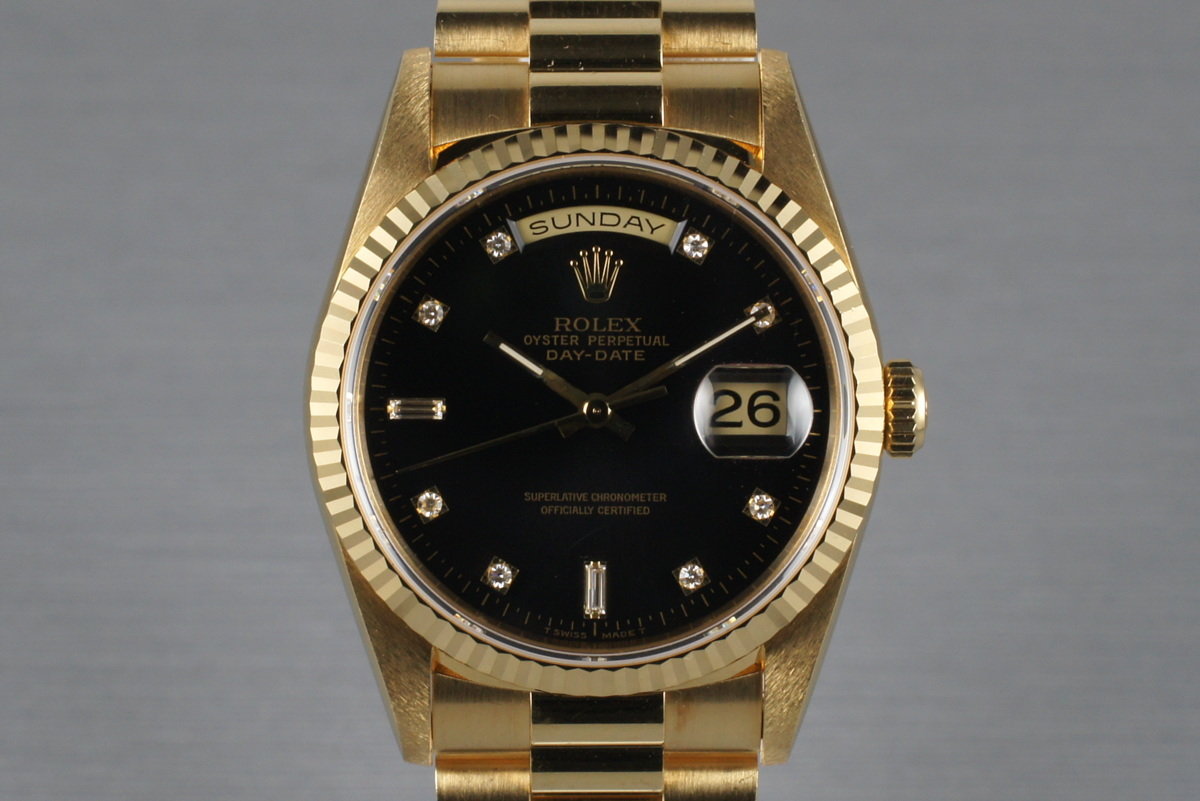 HQ Milton 1995 Rolex YG Day Date 18238 with Black Diamond Dial