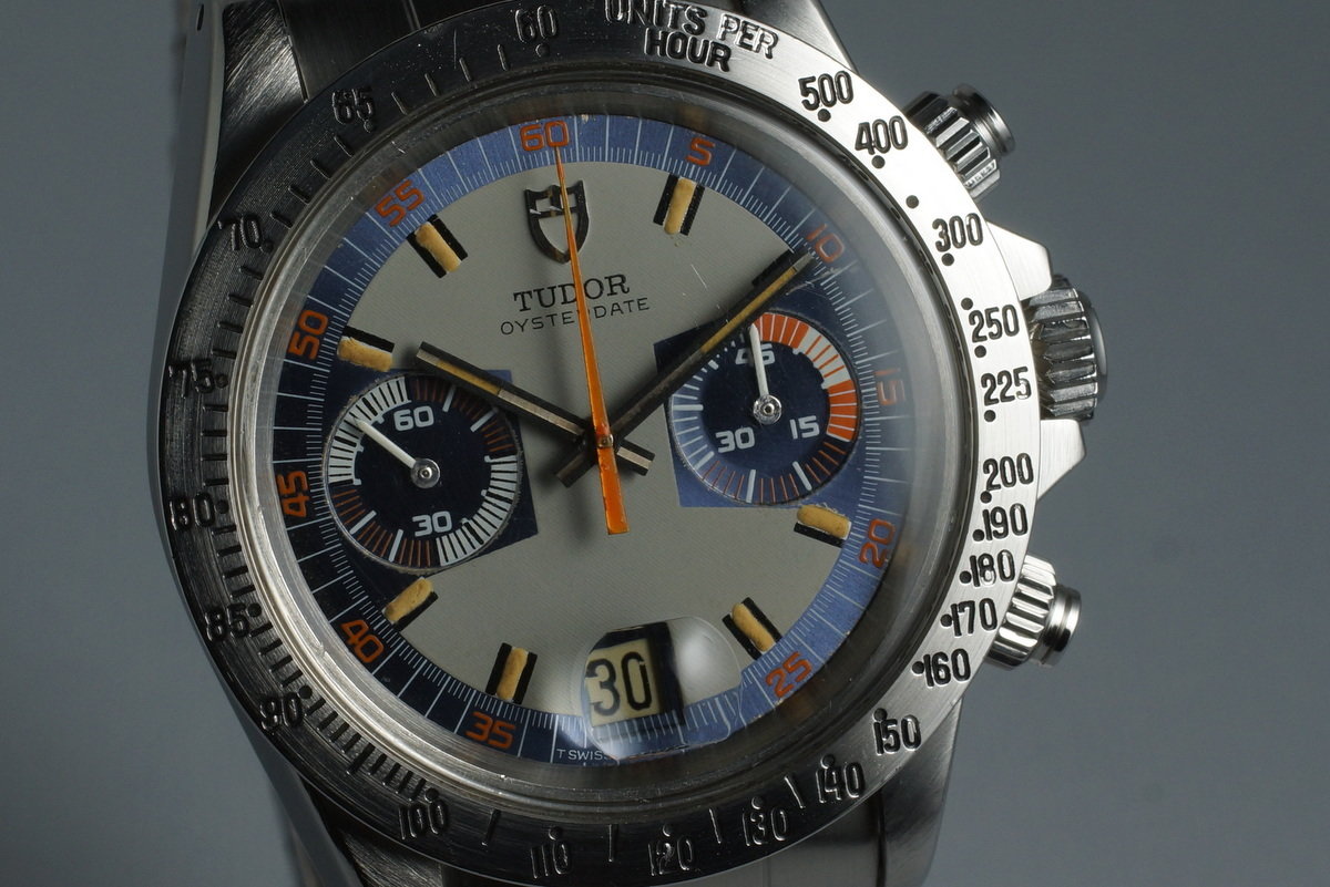 Tudor 7159/0 — Blue and Grey Dial. · Photo: HQ Milton · © HQ Milton, used with permission · Source: https://hqmilton.com/products/1975-tudor-monte-carlo-7159-0-with-blue-dial