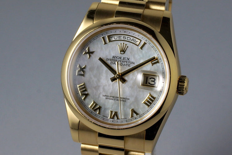 2002 Rolex YG Day-Date 118208 M-O-P Roman Dial with Box and Papers