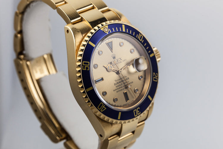 1990 Rolex YG Submariner 16618 Gold Tiffany & Co. Dial with Sapphire and Diamonds