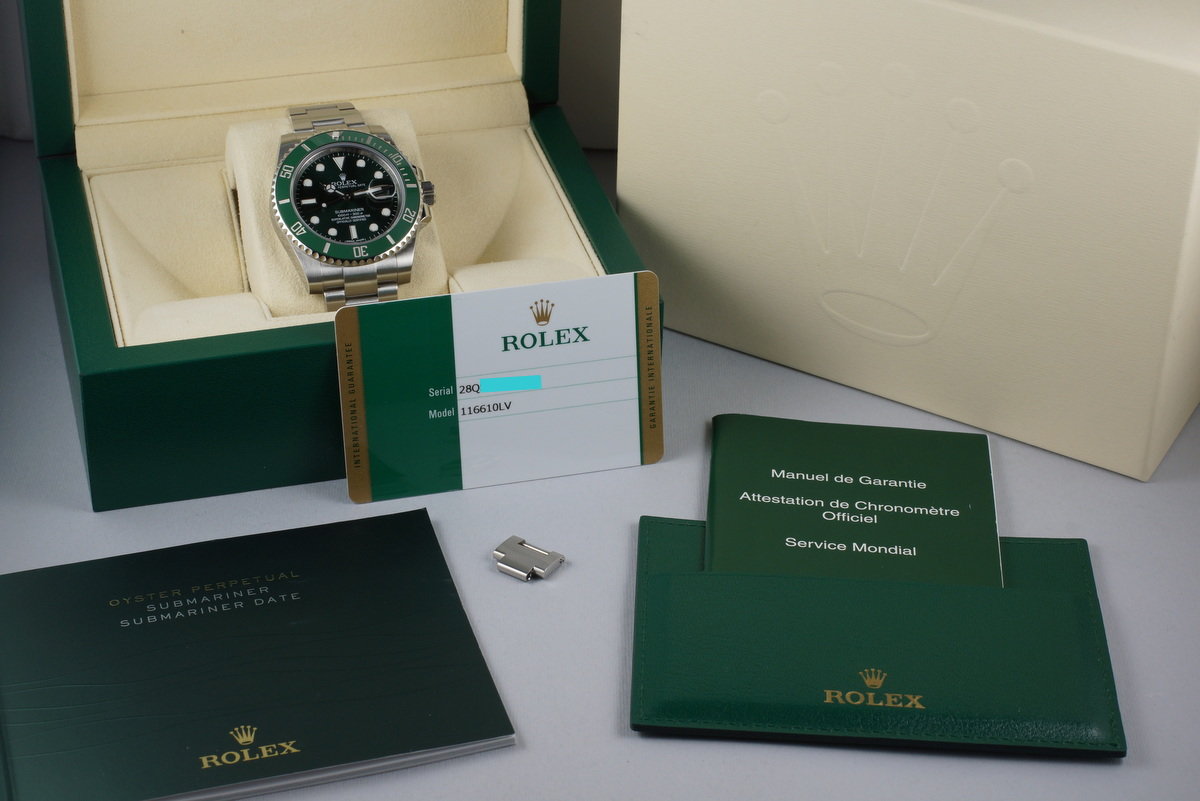 HQ Milton - 2014 Rolex Green Ceramic Submariner 116610LV Hulk with Box  and Paper, Inventory #A212, For Sale