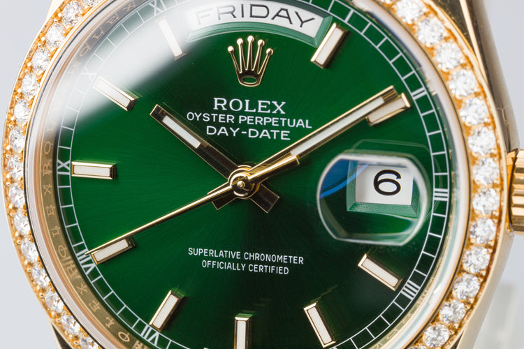 2017 Rolex Day-Date 118348 with Green Dial & Diamond Bezel w/ Box & Card