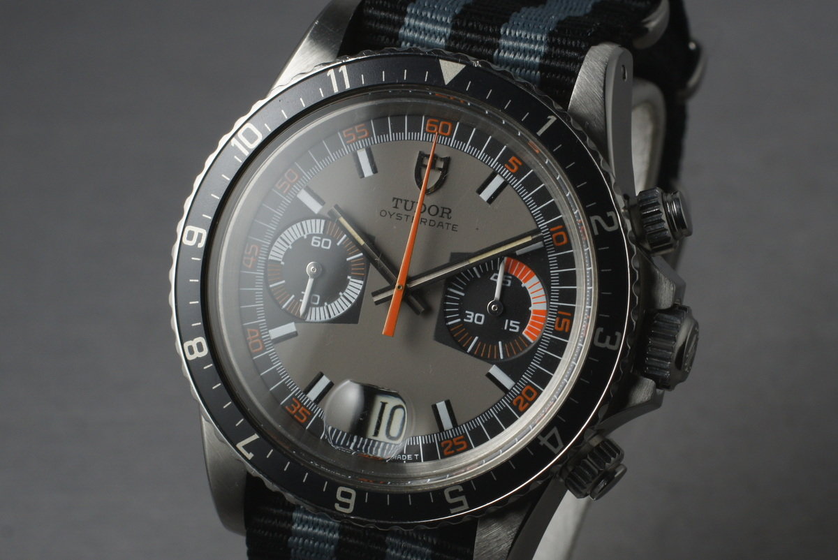 Tudor 7169/0 — Black and Grey Dial. The dealer discloses that lume was removed from this specimen’s markers. · Photo: HQ Milton · © HQ Milton, used with permission · Source: https://hqmilton.com/products/1975-tudor-monte-carlo-7169-0