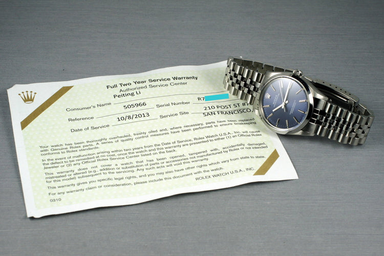 1988 Rolex Oyster Perpetual Blue Dial 1002 with RSC Papers